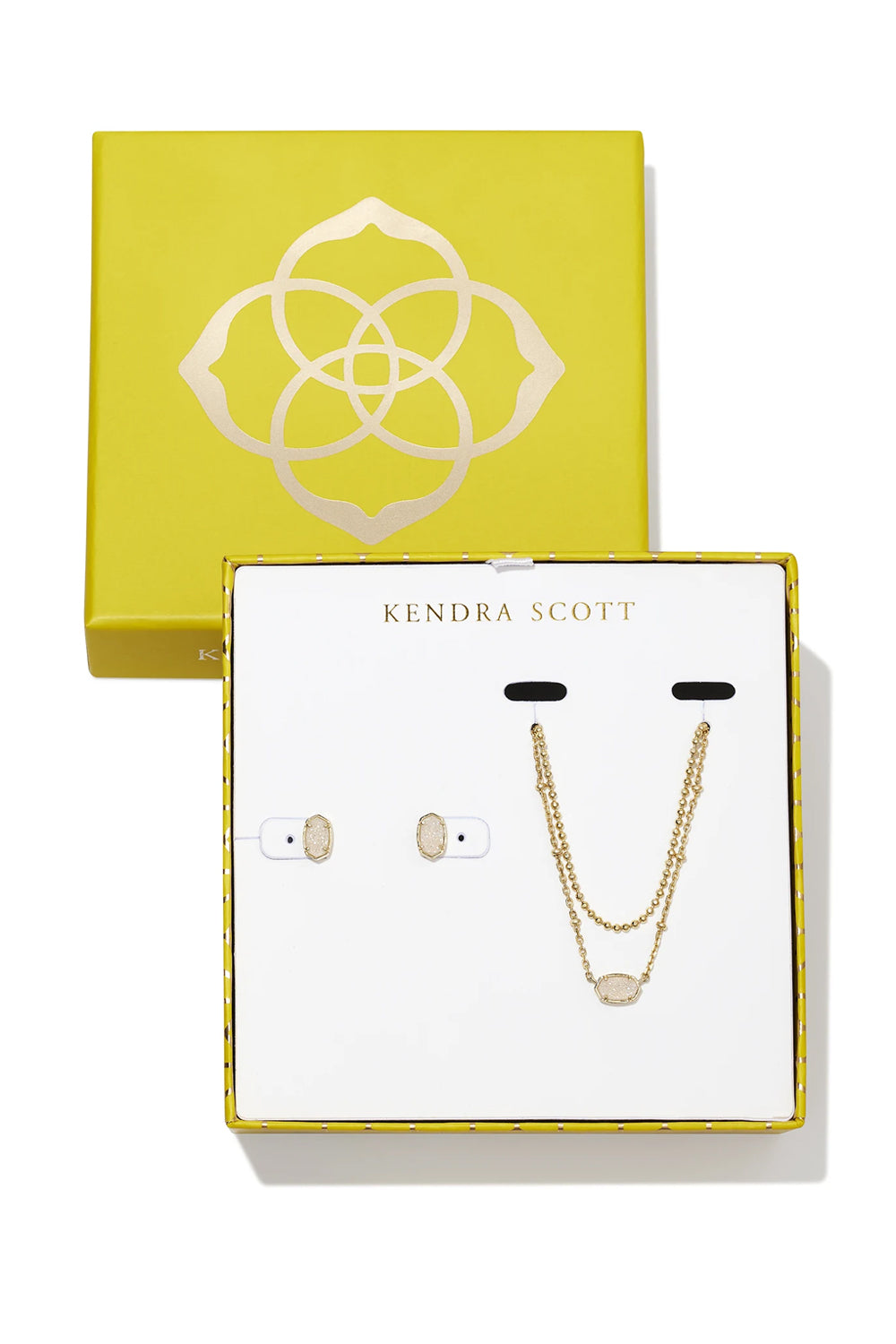 Kendra Scott: Emilie Gold Multi Strand Necklace & Stud Gift Set in Iridescent DrusyIridescent Drusy | Makk Fashions