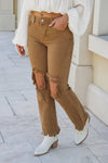 Erica High Rise Distressed Straight Leg Jeans - Mocha | Makk Fashions