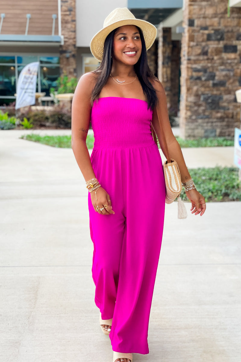 Evening Delight Smocked Wide Leg Jumpsuit - Fuchsia | Makk Fashions