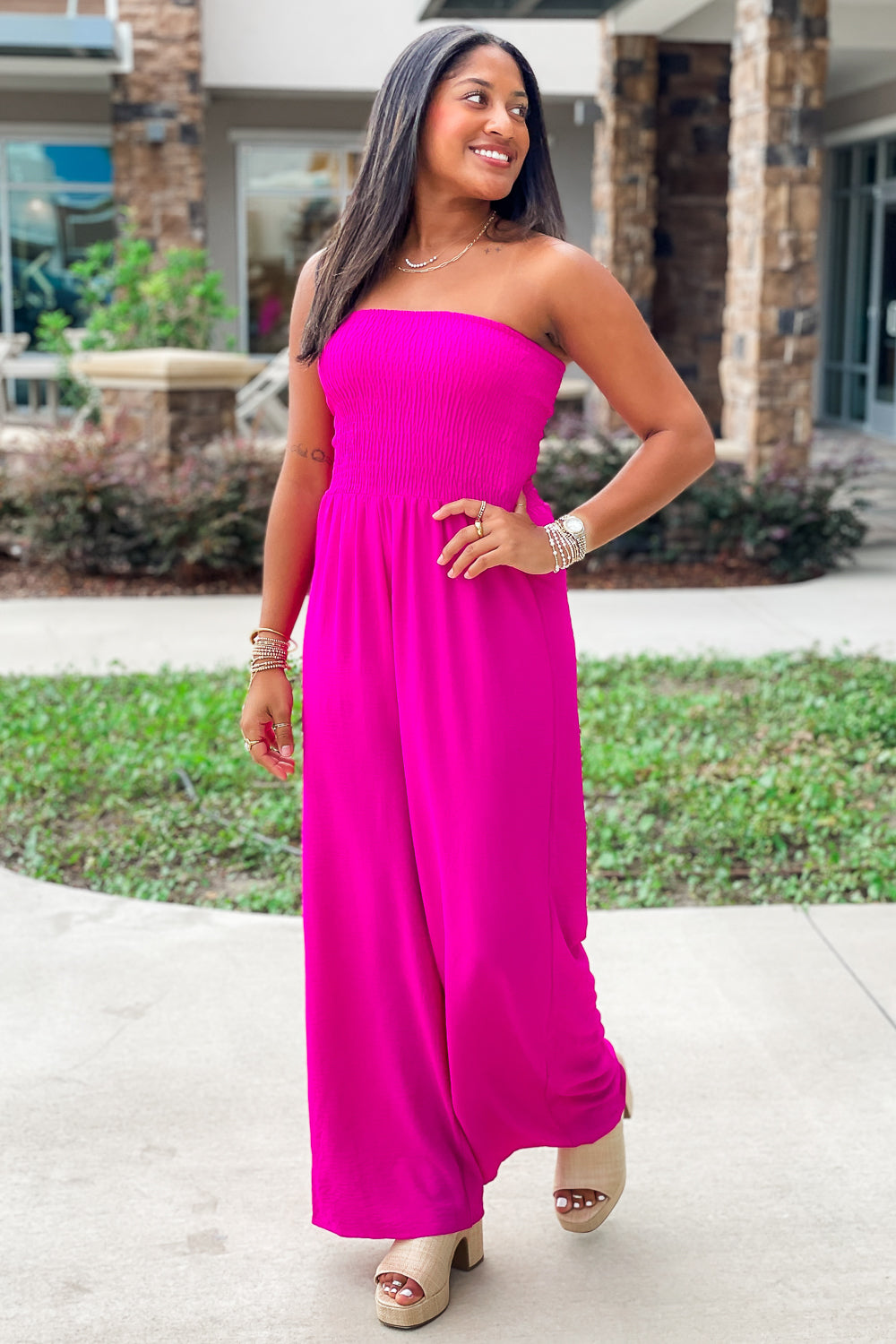 Evening Delight Smocked Wide Leg Jumpsuit - Fuchsia | Makk Fashions