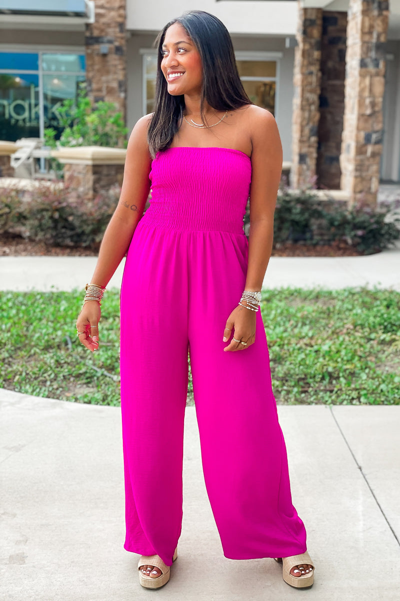 Evening Delight Smocked Wide Leg Jumpsuit - Fuchsia | Makk Fashions