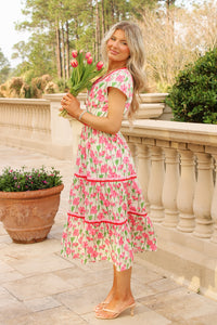 Floral Lane Tiered Poplin Midi Dress - Pink