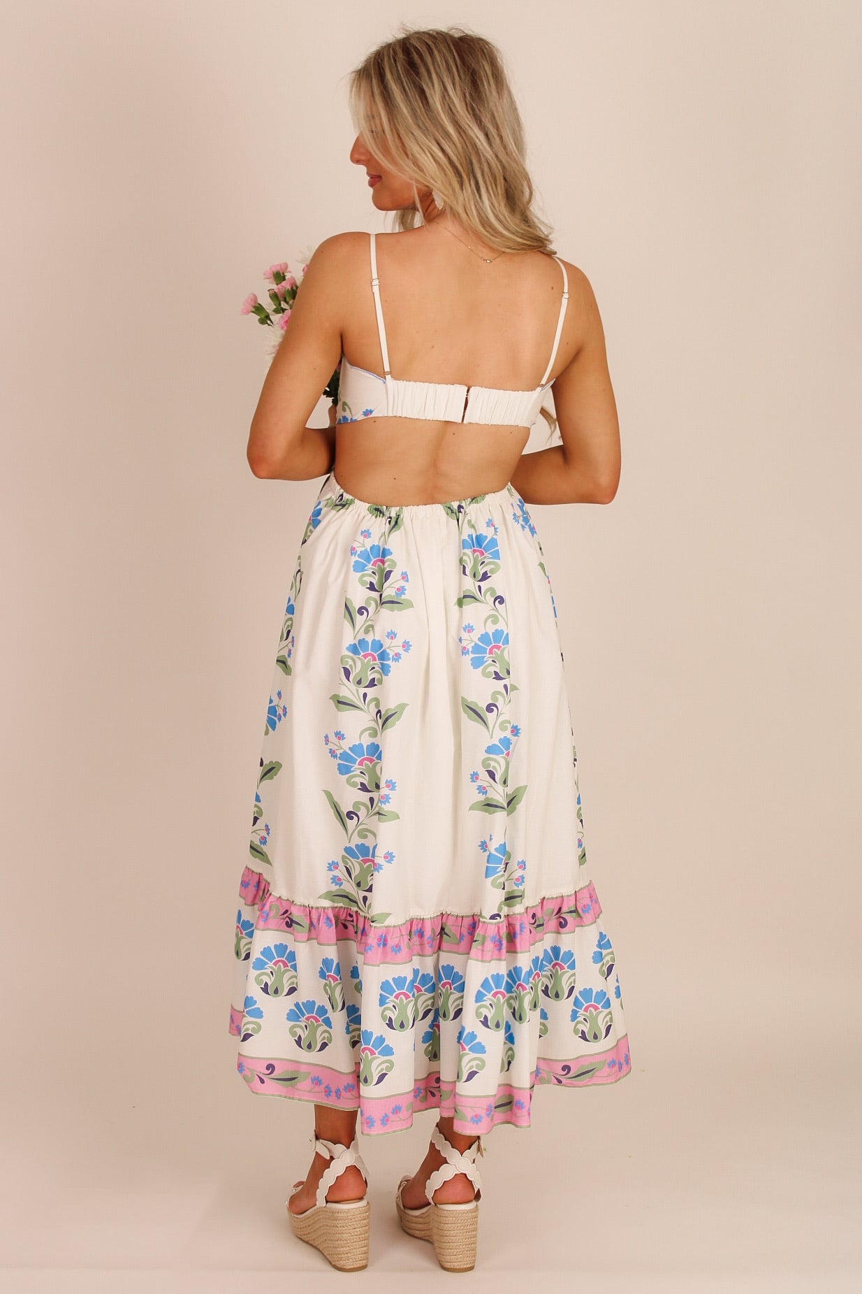 The Cottage Bloom Floral Border Print Cut Out Detail Midi Dress - Multi