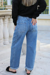 Lianna High Rise Crop Barrel Cuffed Jeans - Med Wash