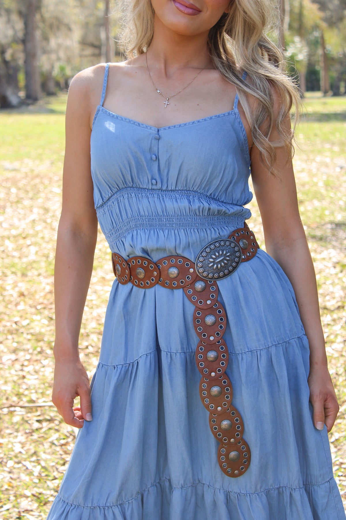 Artisan Floral Oval Disk Belt - Cognac