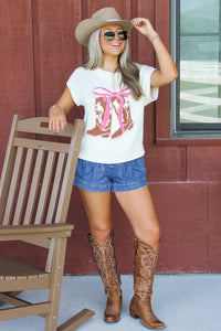 Boots & Bows Short Sleeve Knit Sweater - Cream
