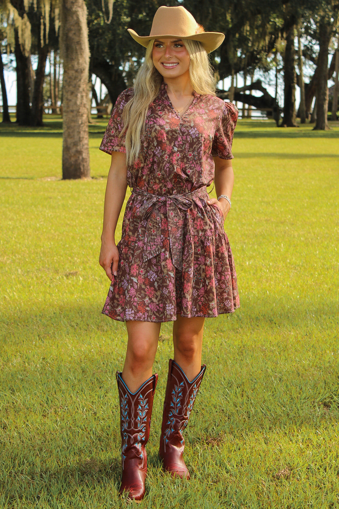 Petal Charm Floral Print Mini Dress - Brown
