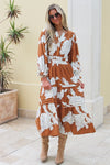 Fall Moments Floral Tiered Midi Dress - Caramel