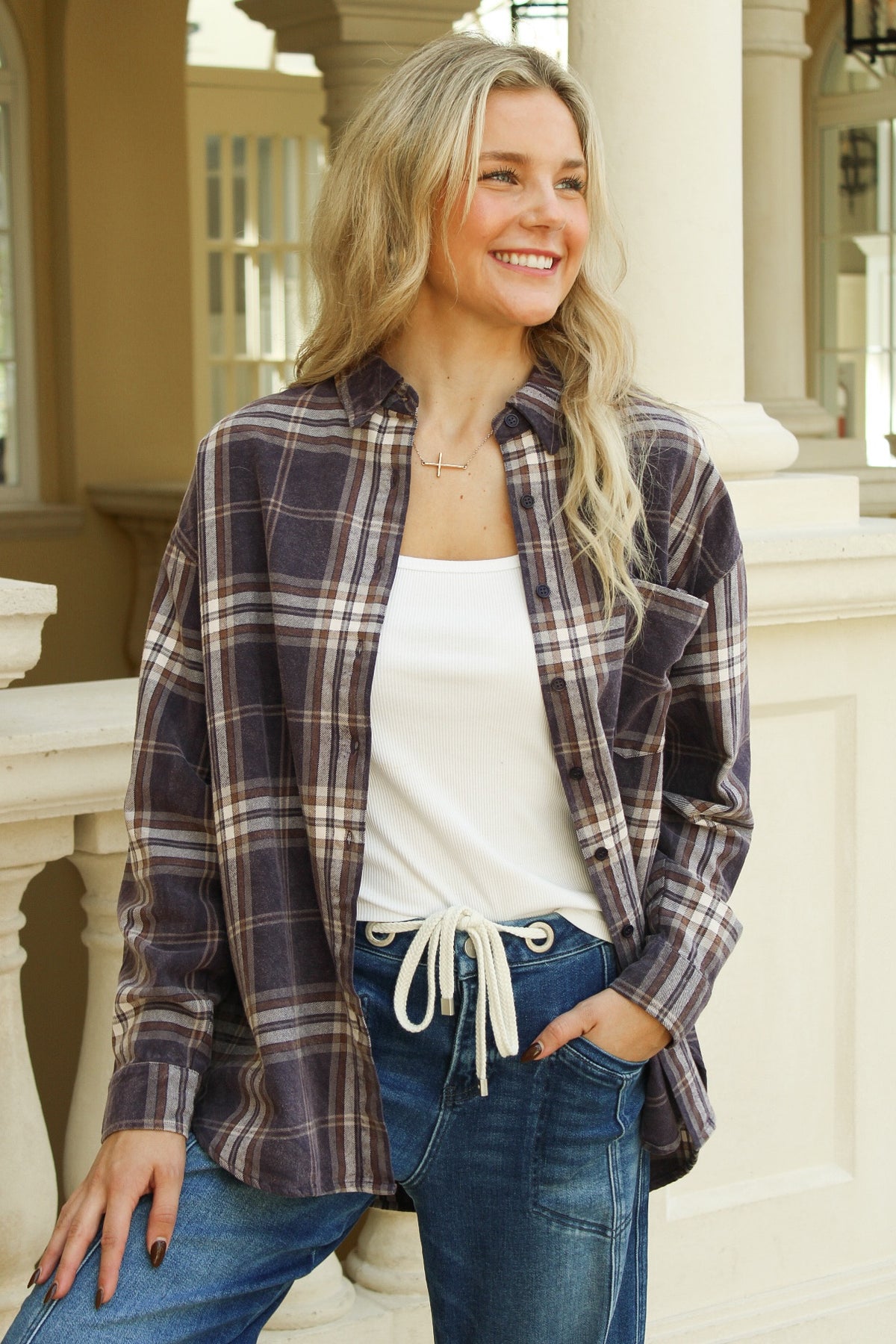 Perfectly Planned Plaid Button Down Top - Navy Multi