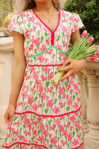 Floral Lane Tiered Poplin Midi Dress - Pink