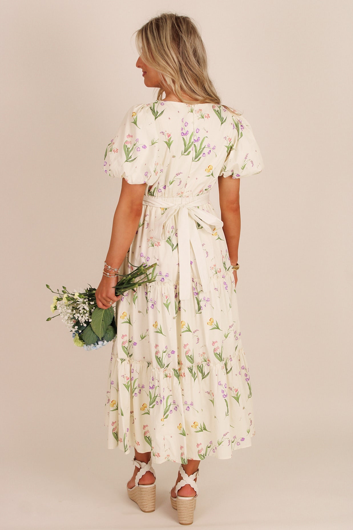 Dreaming Of Spring Floral Puff Sleeve Midi Dress - Cream