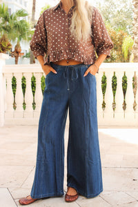 The Weekender Drawstring Wide Leg Jeans - Dk Denim