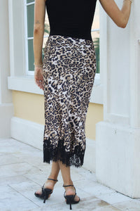 Wild Romance Leopard Satin Midi Skirt - Brown Multi