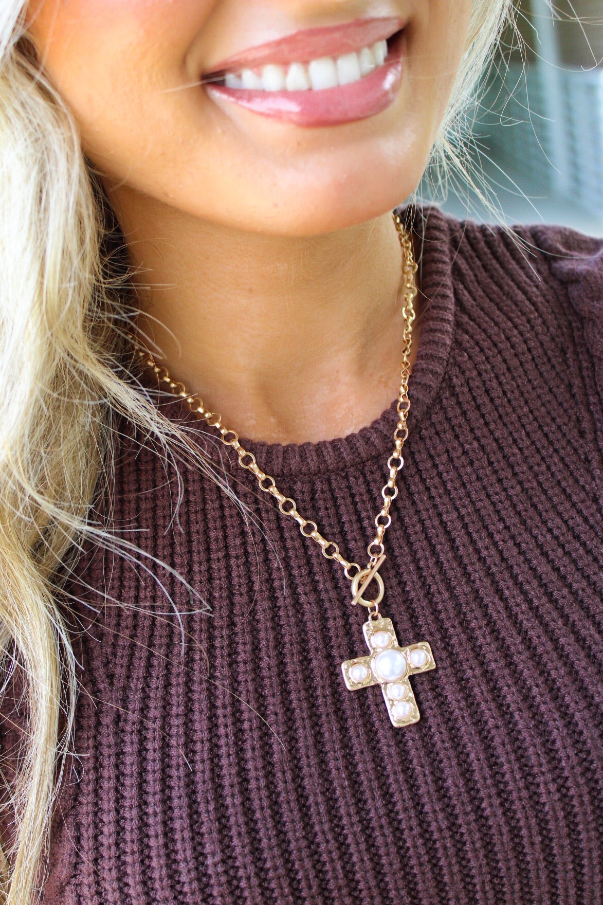 Pearl Studded Cross Toggle Necklace