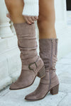 The Casey Tall Buckle Suede Boot - Taupe