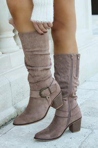 The Casey Tall Buckle Suede Boot - Taupe