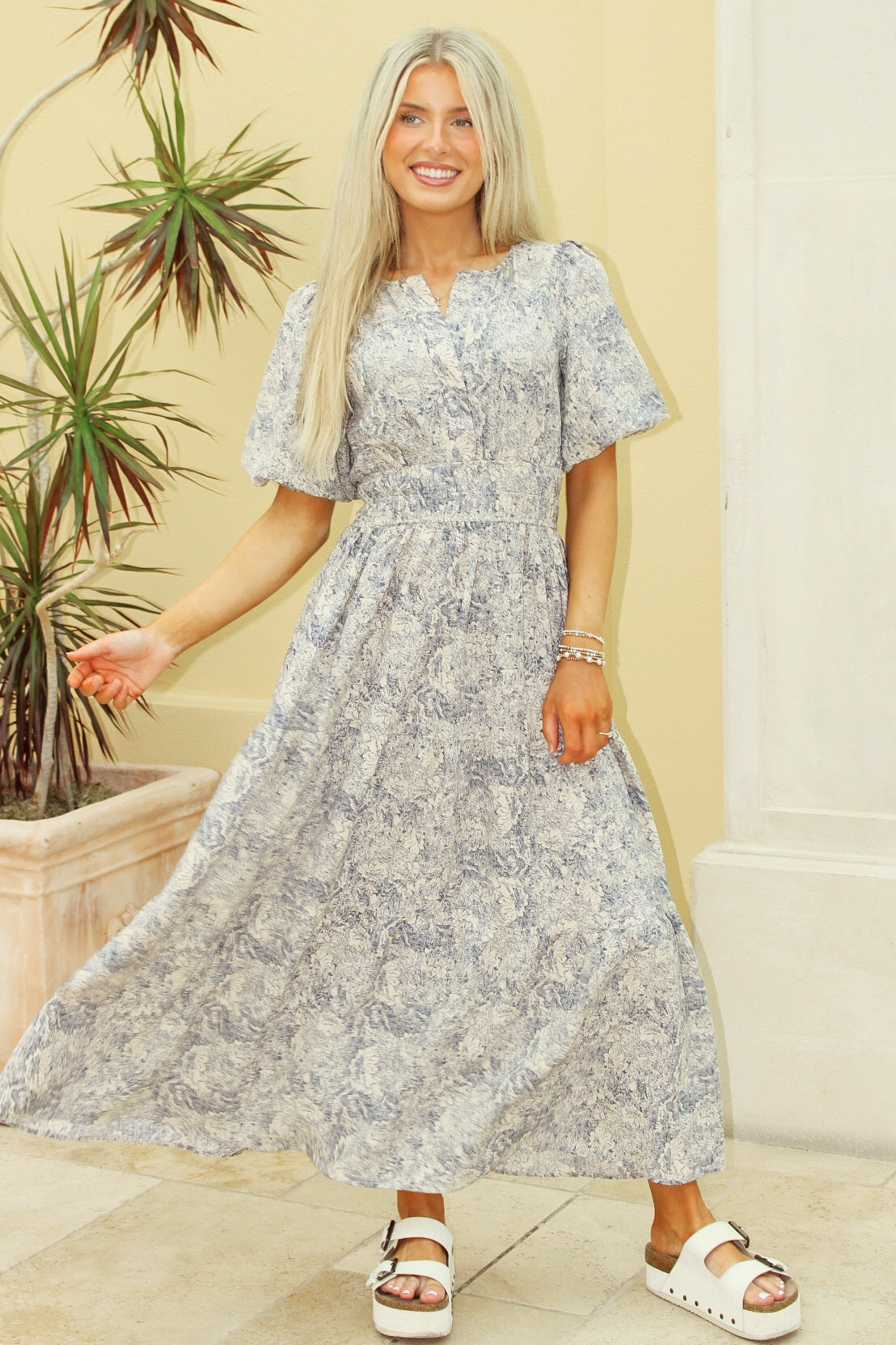 Blue Meadows Puff Sleeve Tiered Maxi Dress - Navy
