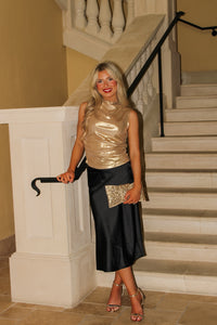 Holiday Glimmer Metallic Ruched Sleeveless Top - Gold