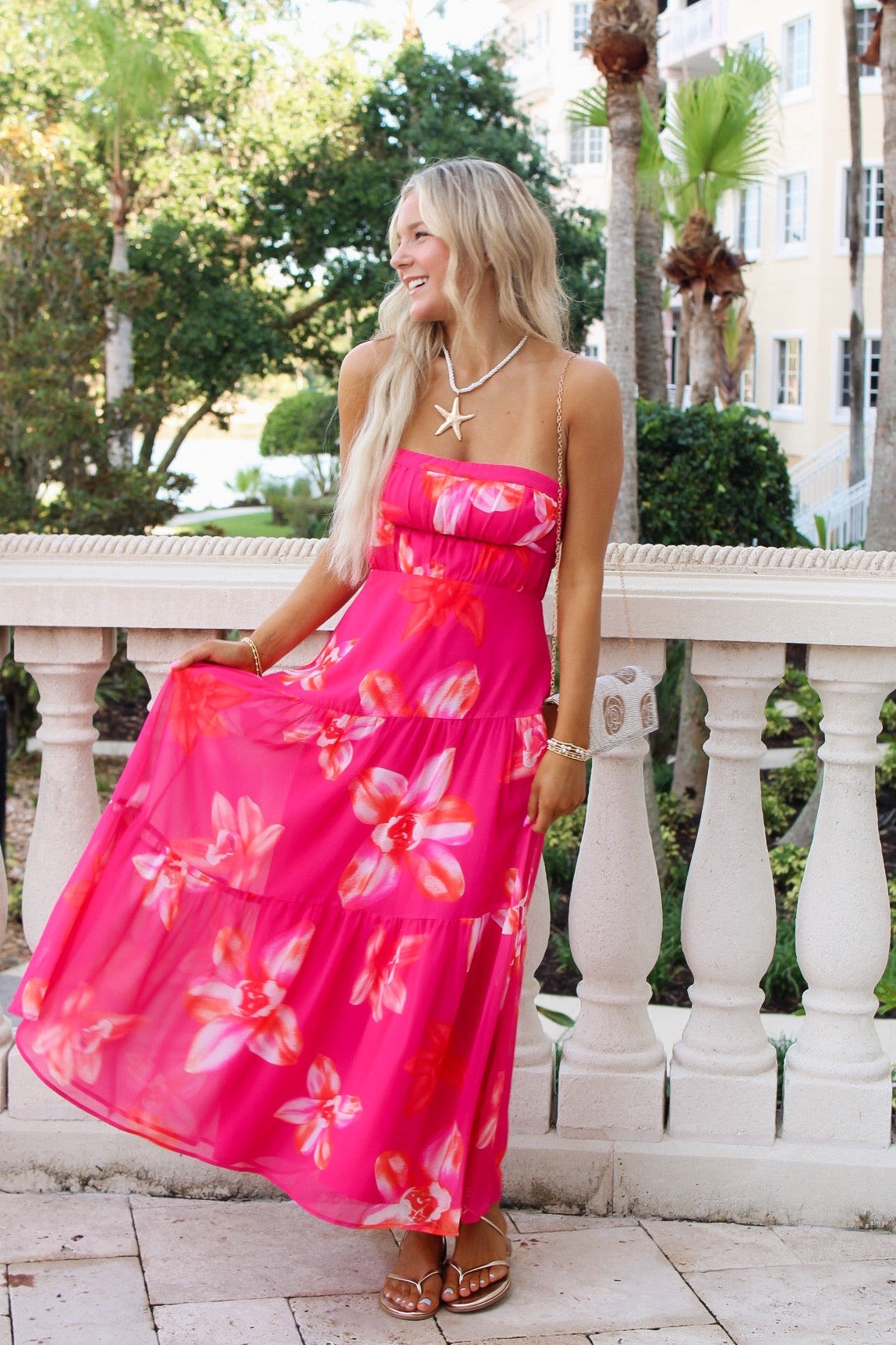 Island Orchid Strapless Midi Dress - Fuchsia