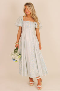 Sweet Moments Floral Print Puff Sleeve Midi Dress -Blue