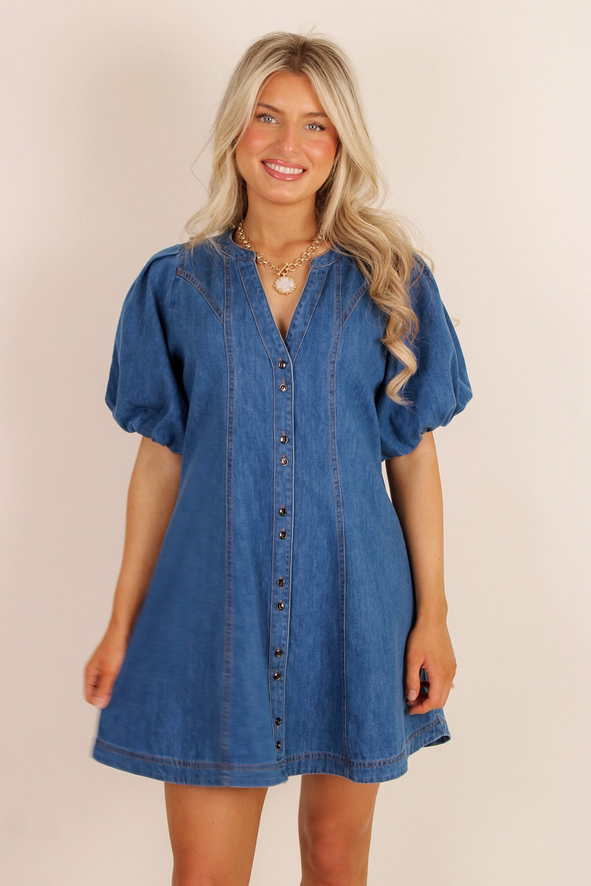 Sweet Escape Bubble Sleeve Mini Dress - Denim