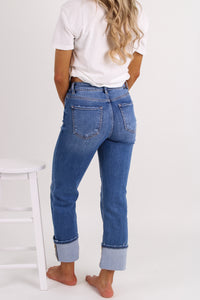 Amanda High Rise Ankle Straight Wide Cuff Jeans - Med Wash