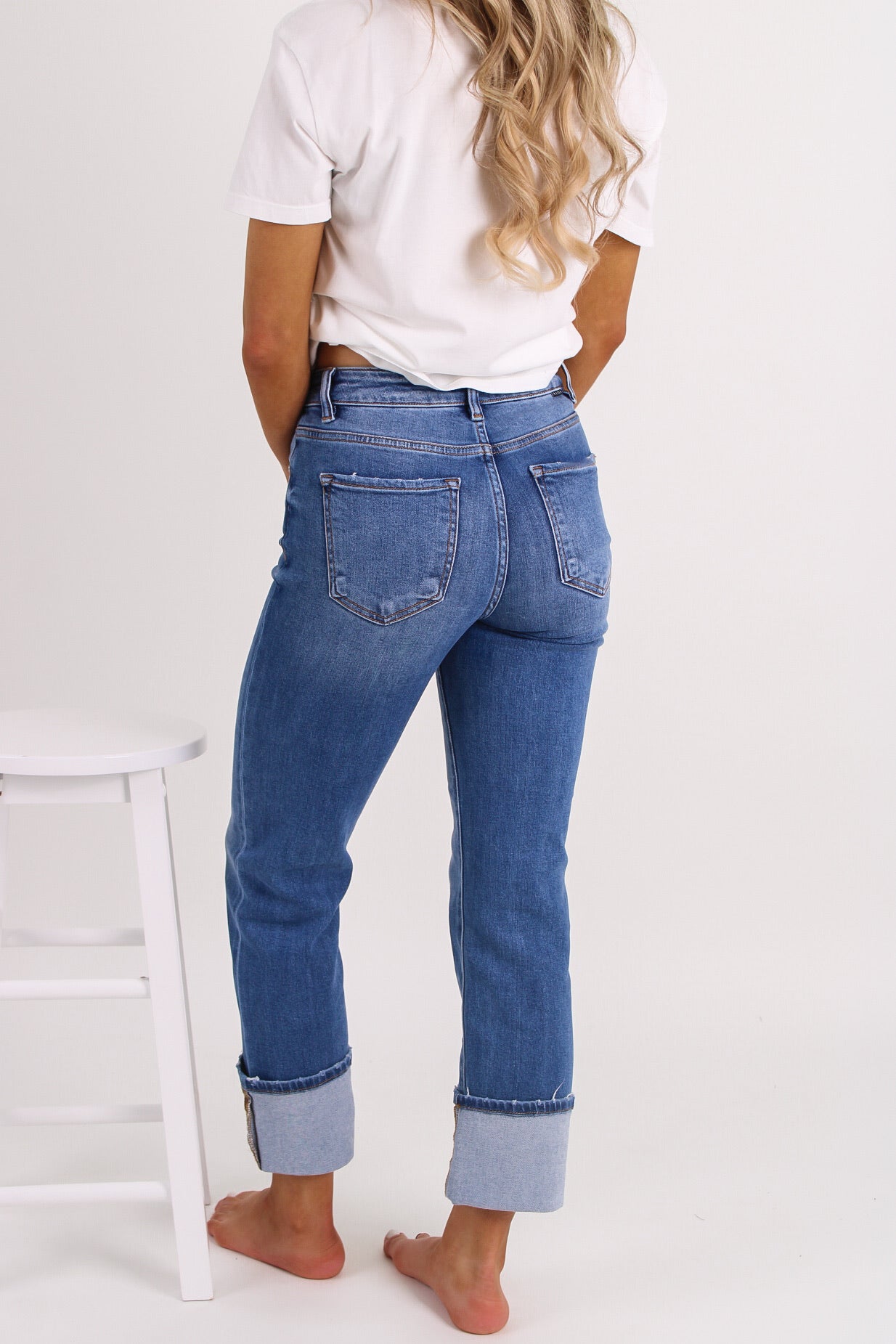 Amanda High Rise Ankle Straight Wide Cuff Jeans - Med Wash