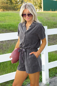 Fun Days Ahead Mineral Washed Romper - Ash Black