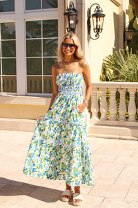 Citrus Crush Strapless Maxi Dress - Blue Multi