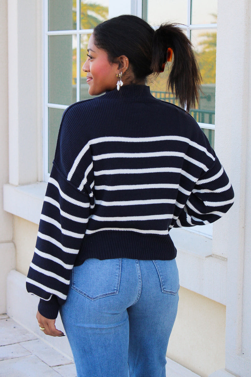 Cozier Times Striped Mock Neck Sweater - Navy