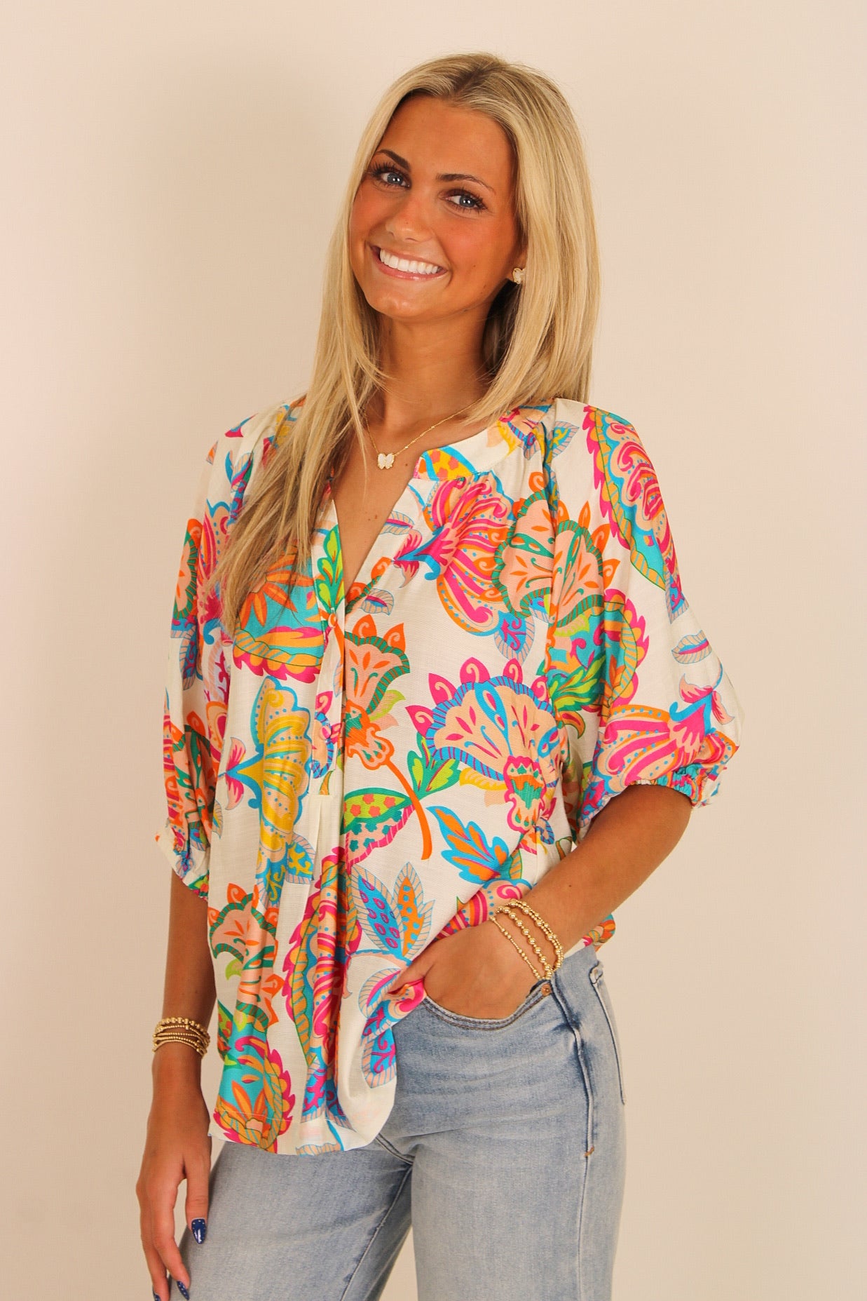 Spring Florals Split Neck Top - Multi