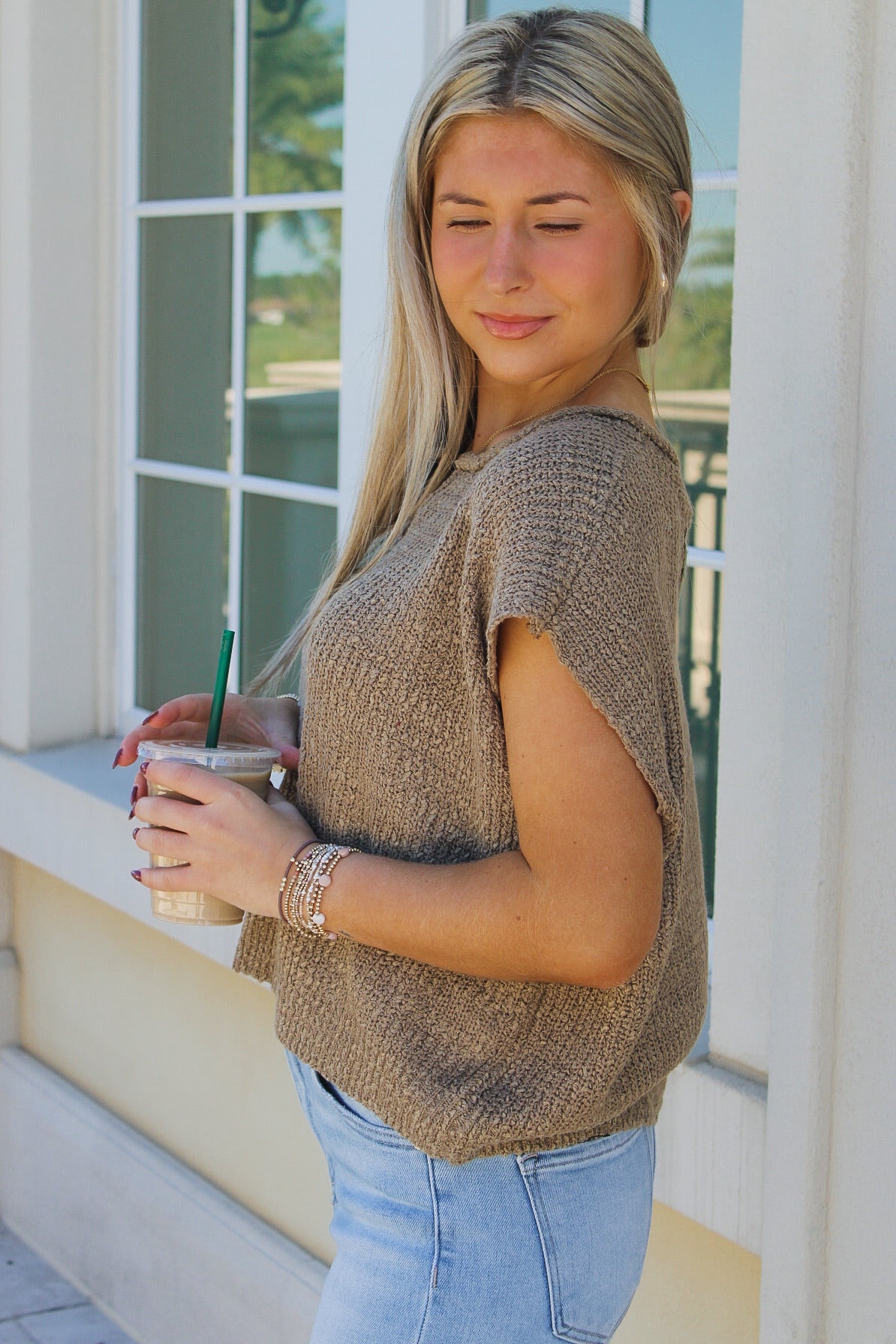 Everyday Edge Notched V-Neck Sweater - Cappuccino