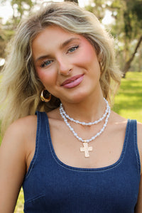 Pearl Beaded Layered Cross Necklace - Gold