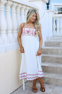 The Coastal Blossom Scalloped Midi  Dress - Red