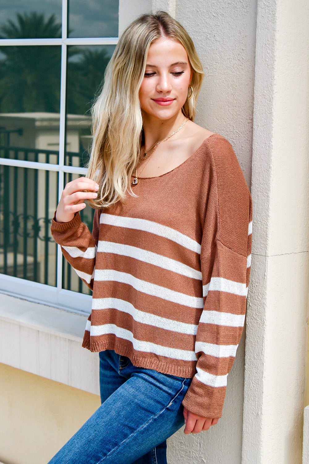 Fall Comforts Striped Knit Top -  Brown | Makk Fashions