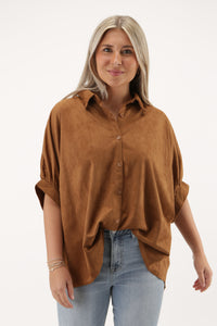 Fall Days Suede Button Down Top - Camel | Makk Fashions