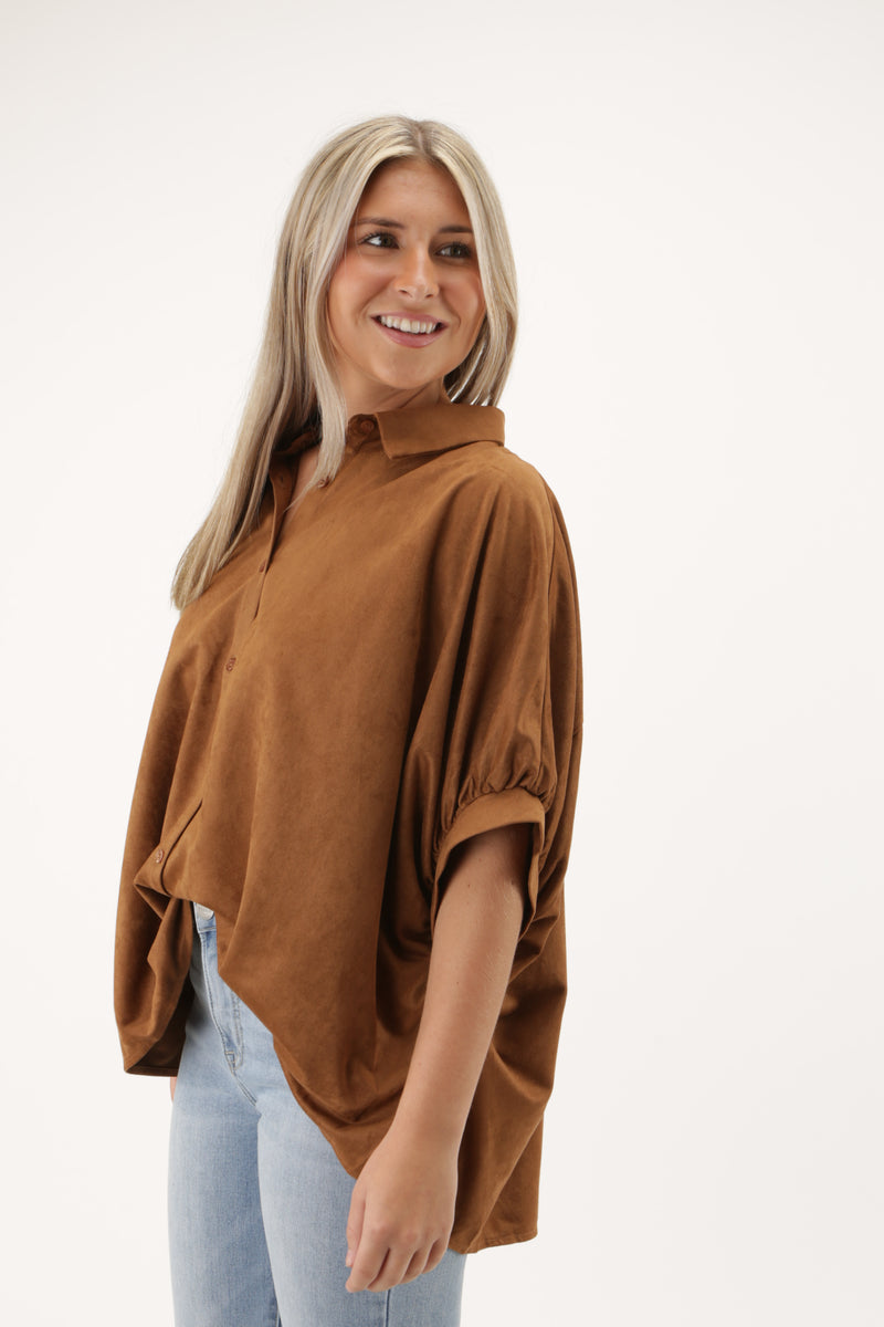 Fall Days Suede Button Down Top - Camel | Makk Fashions