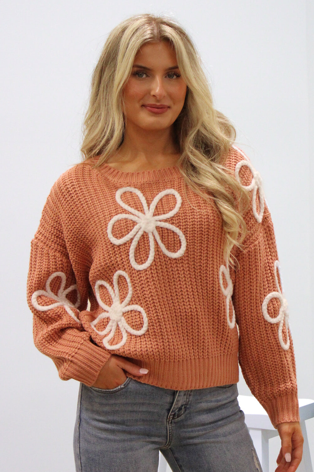 Fall Feelings Flower Stitch Sweater - Apricot | Makk Fashions