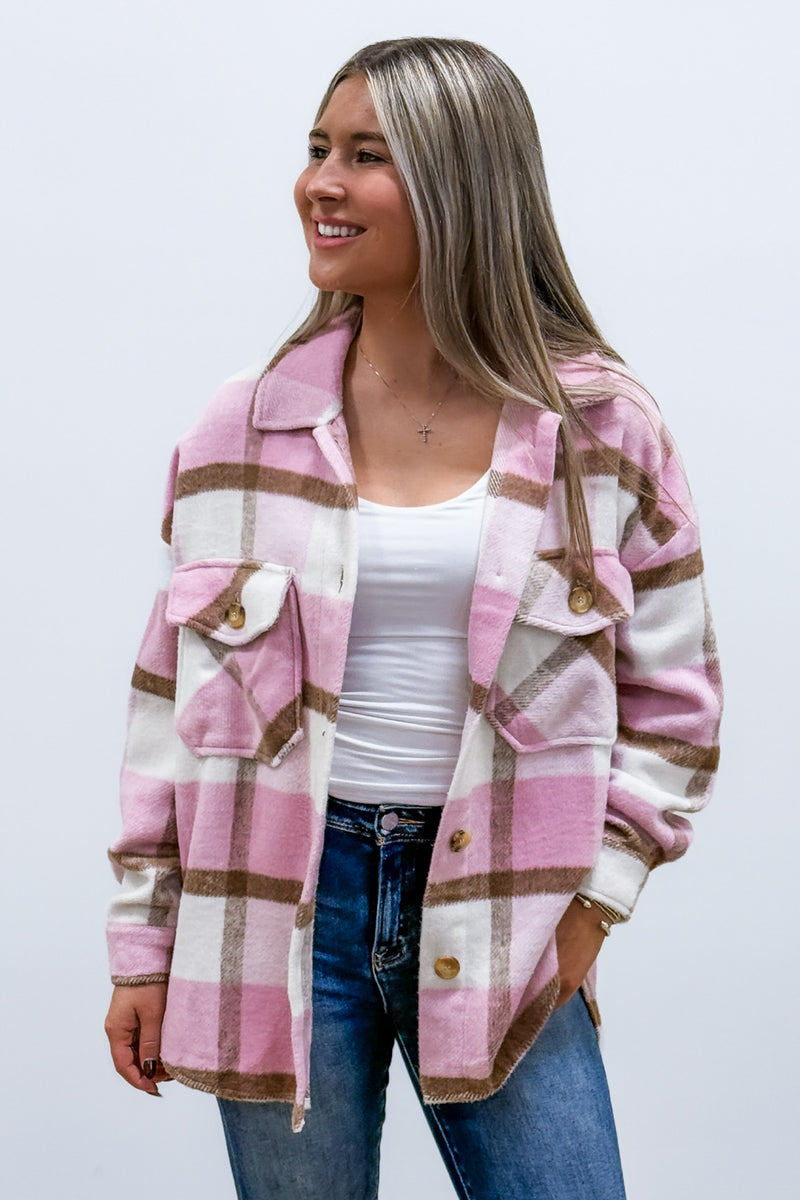 Fall Statement Oversized Plaid Jacket - Pink/Taupe | Makk Fashions