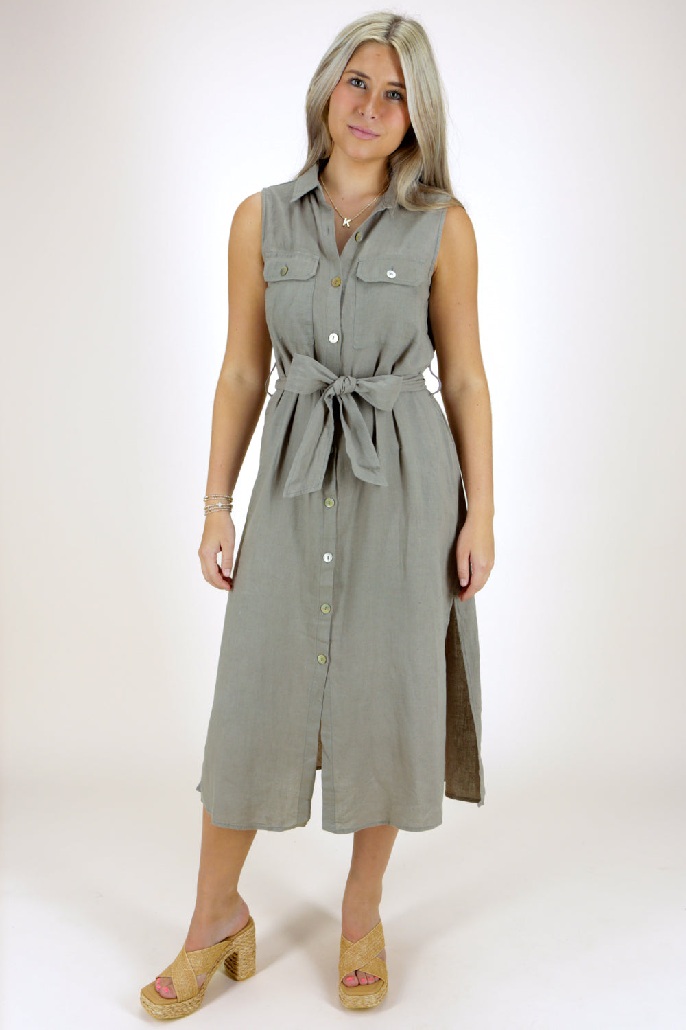 Feeling Inspired Sleeveless Linen Dress - Dusty Olive | Makk Fashions