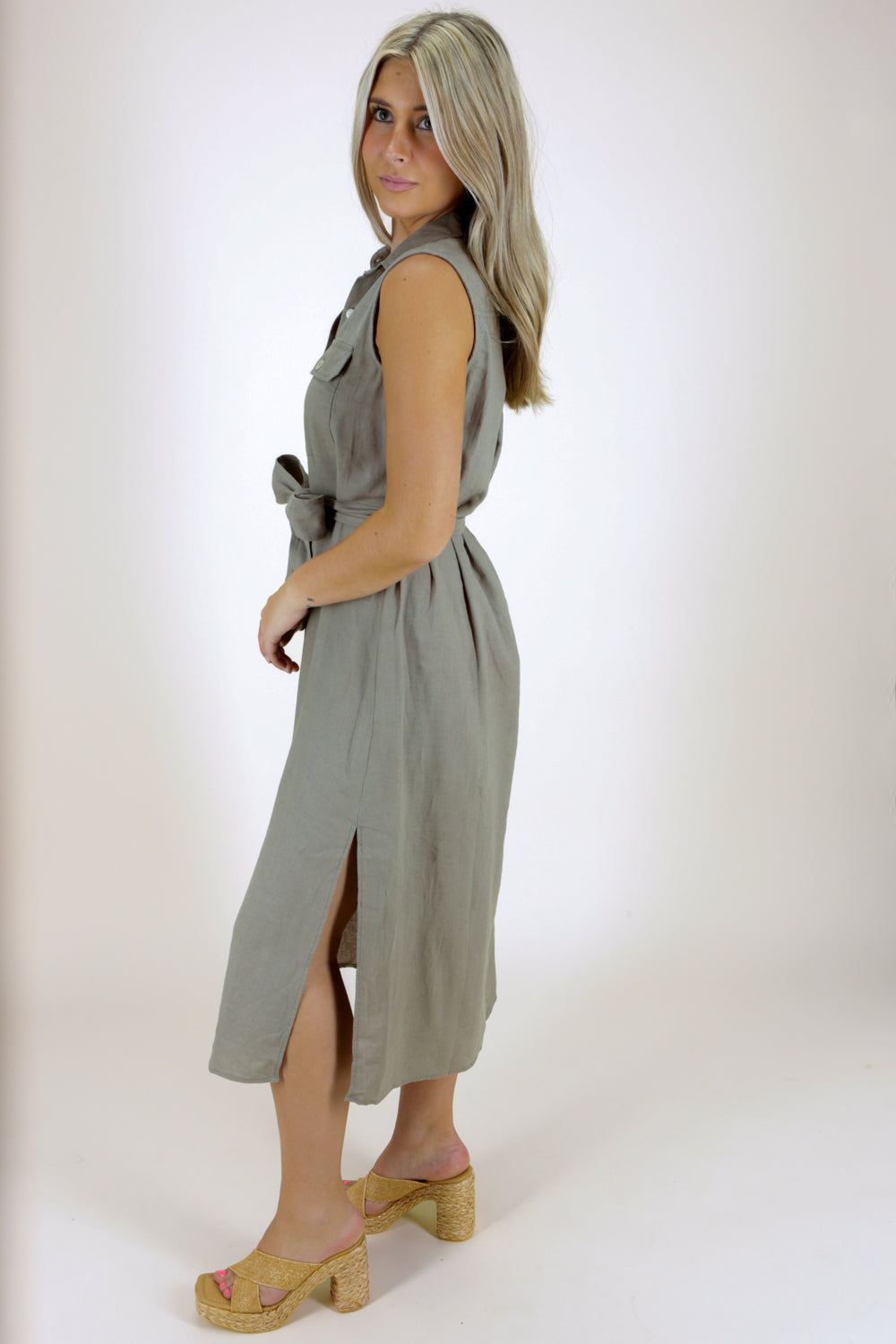 Feeling Inspired Sleeveless Linen Dress - Dusty Olive | Makk Fashions