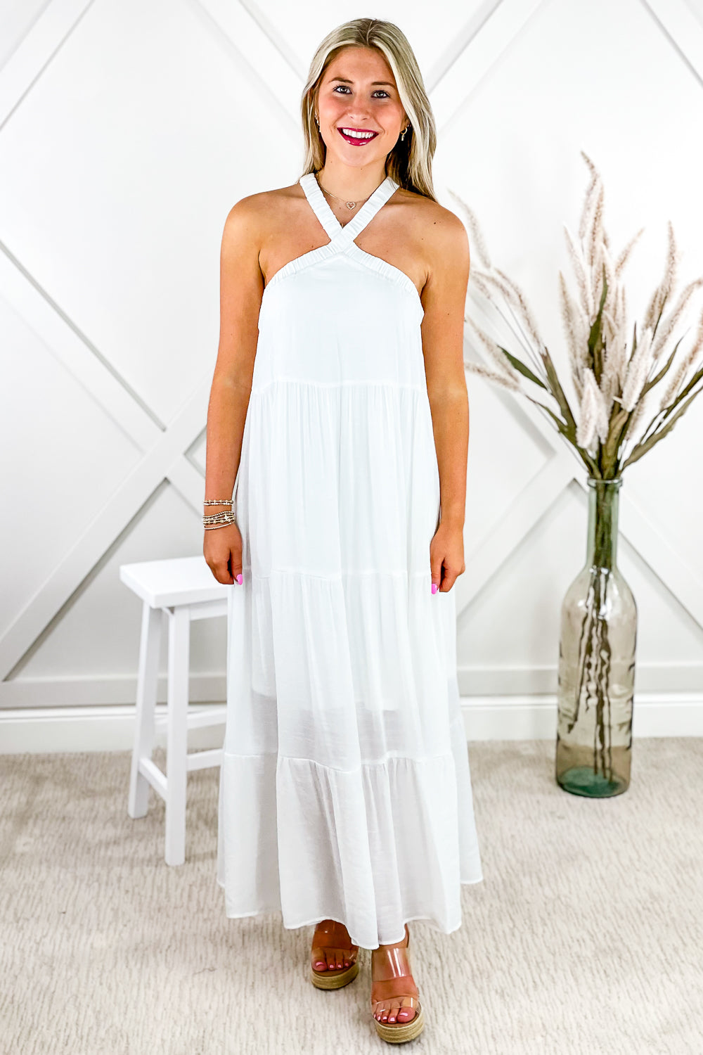 Feeling The Vibes Halter Maxi Dress - White | Makk Fashions