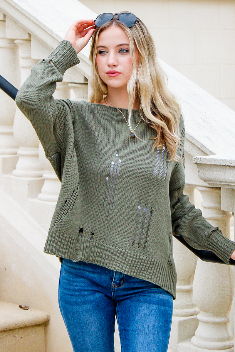 Finding Comfort Distressed Sweater - Sage | Makk Fashions