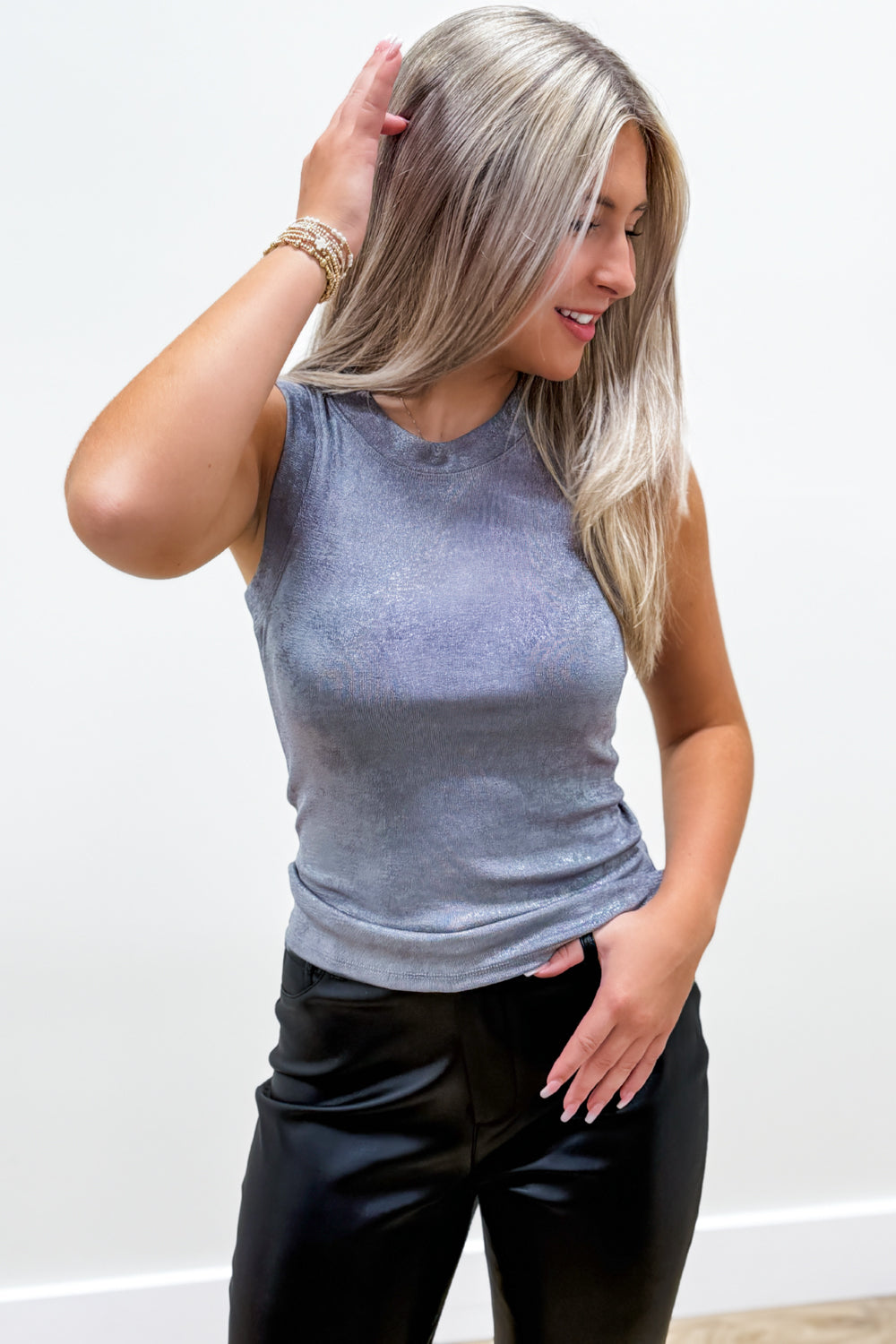 Flawless Nights Sleeveless Metallic Top - Dark Gray | Makk Fashions