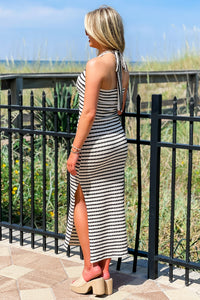 Flirtatious & Fun Striped Halter Midi Dress - Ivory/Black | Makk Fashions