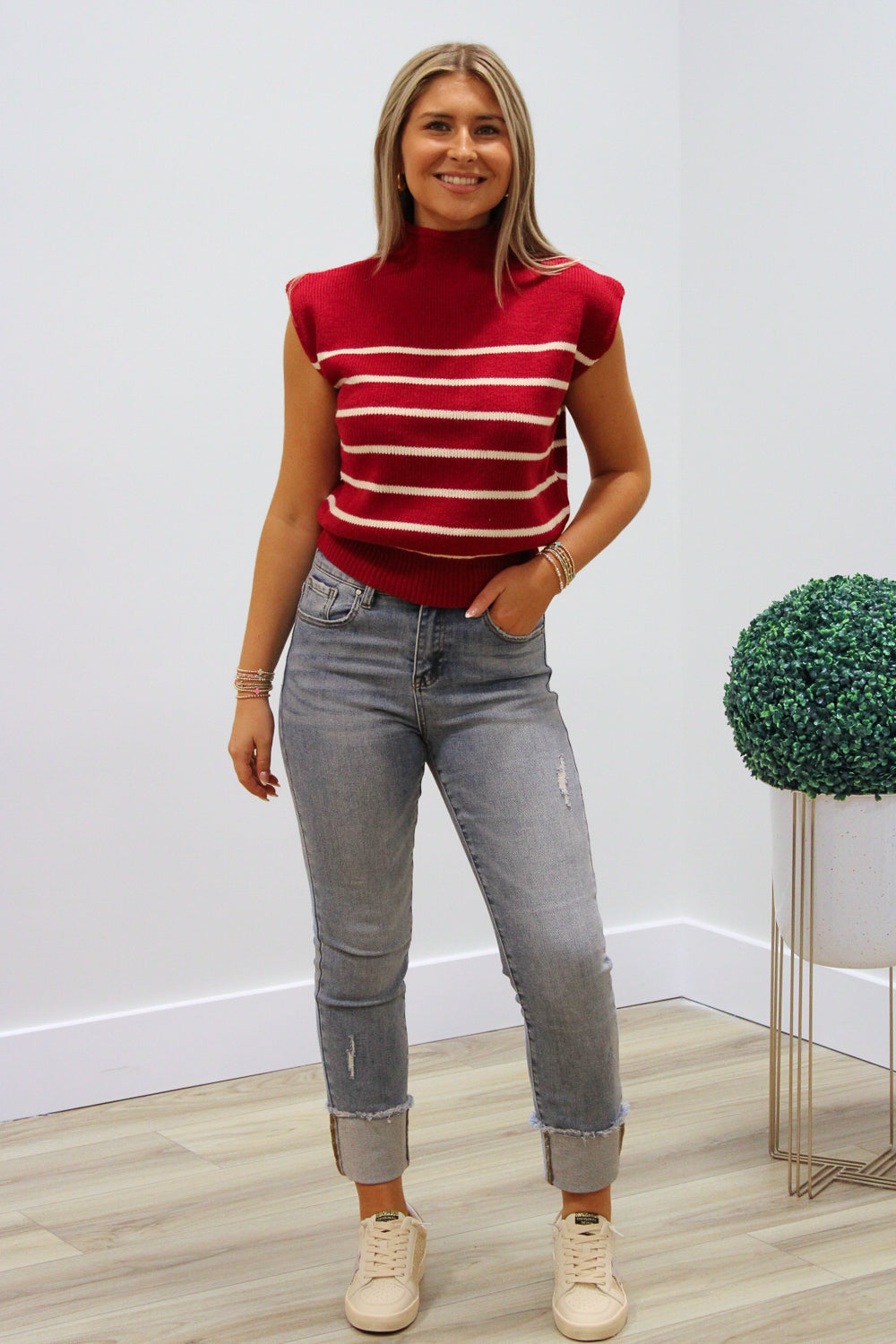 Focus On Me Mock Neck Striped Sweater - Burgundy | Makk Fashions