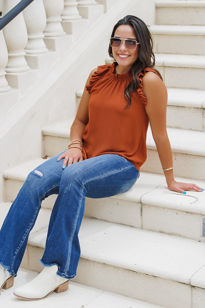 Follow Your Team Ruffle Sleeve Top - Rust | Makk Fashions