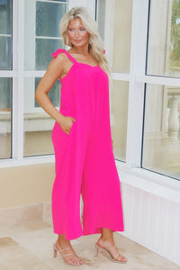 Front & Center Sleeveless Crinkle Jumpsuit - Hot Pink | Makk Fashions