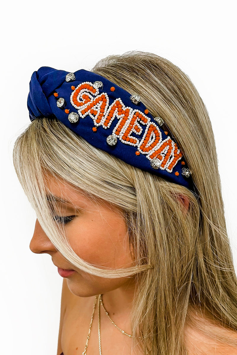 GAME DAY Beaded Headband - Navy/Orange | Makk Fashions