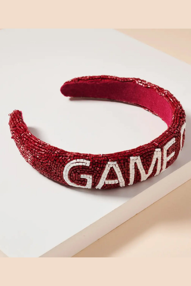 Game Day Seed Beaded Headband - Burgundy/White | Makk Fashions